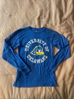 League Blue University of Delaware Long Sleeve Tee with Yellow Logo